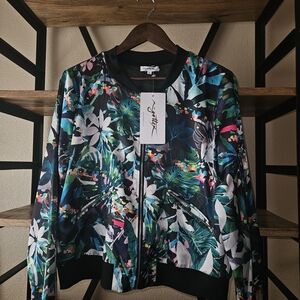 Gottex Black Multicolor Tropical Floral Bomber Jacket